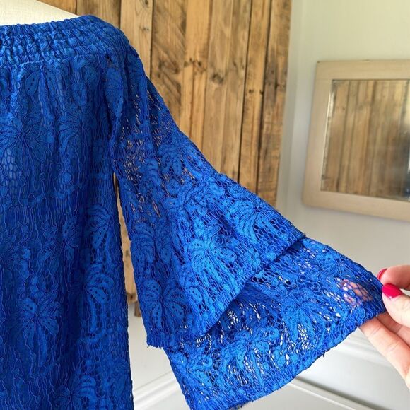 Lilly Pulitzer Women’s Sm Tobyn Top Ikat Cobalt Blue Palm Tree Lace Off Shoulder - Picture 6 of 14